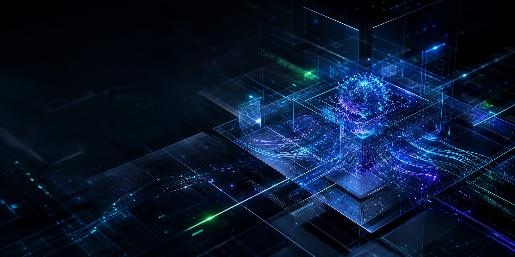 Cinematic AI network visual for Dynara Technologies automation services